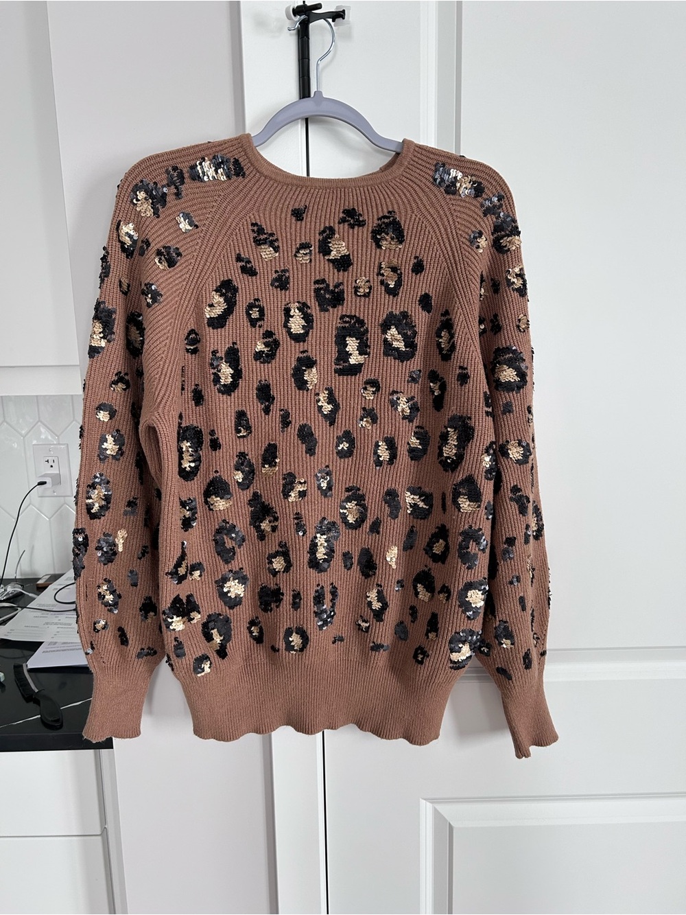 Melanie Lyne Leopard Sequin Embellished Tan Oversized Crewneck Sweater Statement